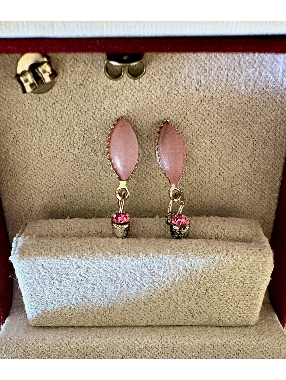 Vintage Style Pink Moonglow Dangle Earrings Silver-Tone Pink Rhinestone Accents